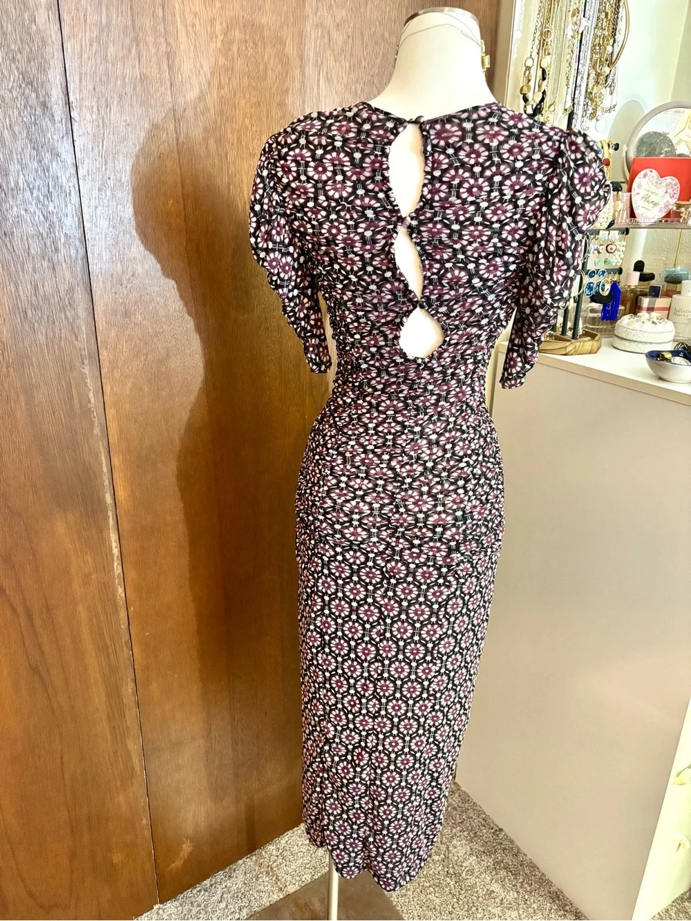 NWT Free People Ruched Printed Midi Dress | Puff Sleeves | Cutout Back | XS